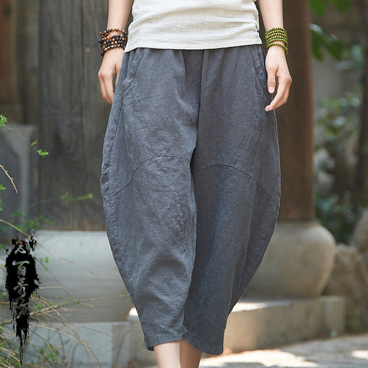 23 spring and summer cotton and linen women's new products Nianbaixiu spinning retro national style thin women's nine-point splicing carrot bloomers 