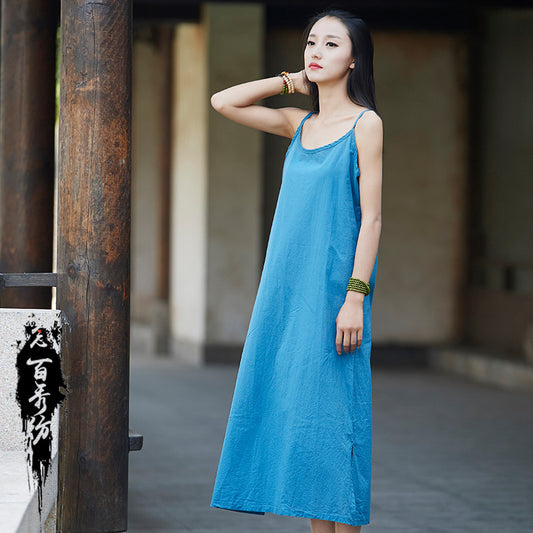 2023 spring and summer cotton and linen women's new products Nianbaixiu spinning retro national style light and loose slim camisole dress 
