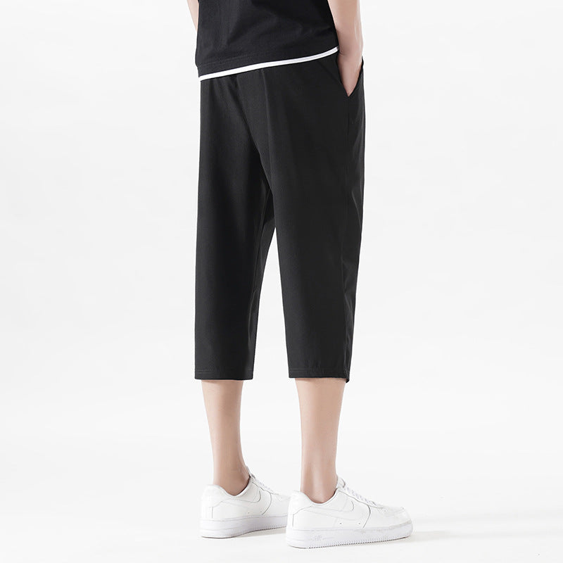 Enbu summer new men's Korean version loose ice silk thin section casual sports solid color cropped pants trendy couple pants 