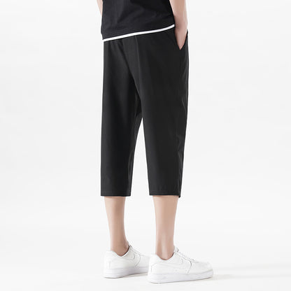 Enbu summer new men's Korean version loose ice silk thin section casual sports solid color cropped pants trendy couple pants 