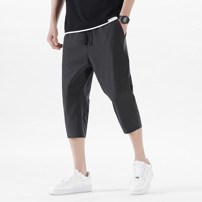 Enbu summer new men's Korean version loose ice silk thin section casual sports solid color cropped pants trendy couple pants 