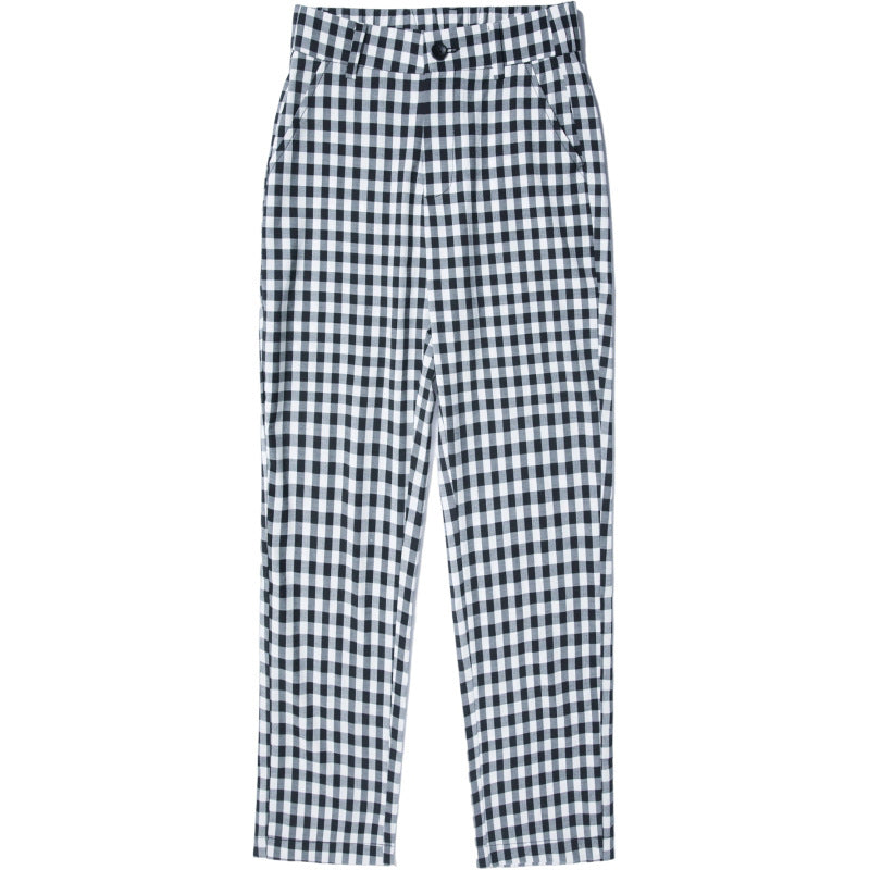 Small eight-point plaid pants women's summer thin section loose and thin elastic waist eight-point pants black and white grid straight pants 