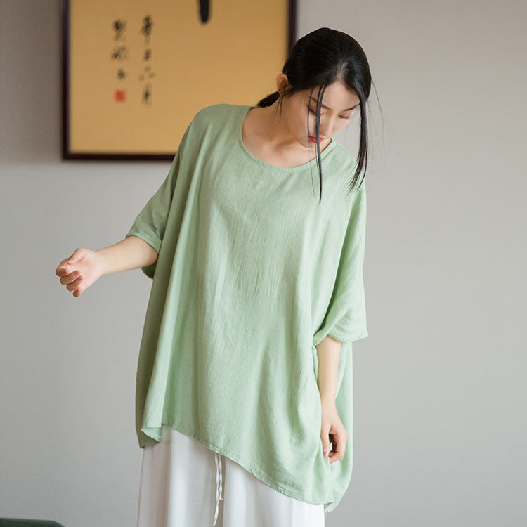 2023 spring and summer new products Nianbaixiu spinning design sense linen light and artistic loose bat sleeve women's sunscreen T-shirt 