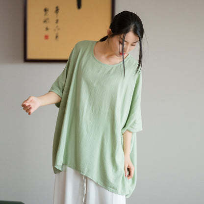 2023 spring and summer new products Nianbaixiu spinning design sense linen light and artistic loose bat sleeve women's sunscreen T-shirt 
