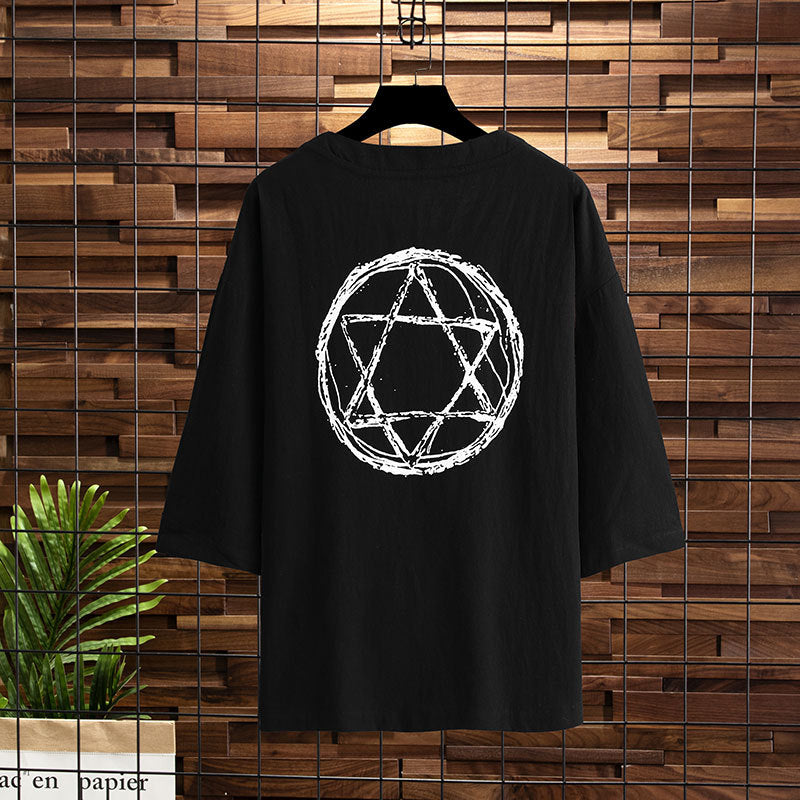Short-sleeved 2021 new three-quarter-sleeved T-shirt men's trendy brand large size half-sleeved fat loose T-shirt five-quarter sleeve top clothes 