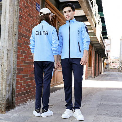 Spring and autumn lovers sports suit male youth stand-up collar sportswear female running group activities school uniform factory direct sales 