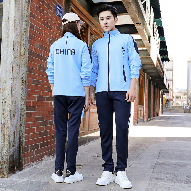 Spring and autumn lovers sports suit male youth stand-up collar sportswear female running group activities school uniform factory direct sales 