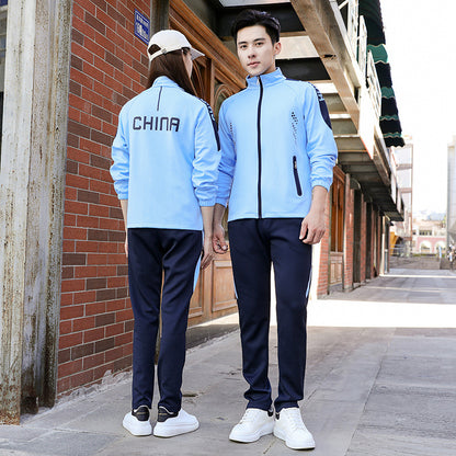 Spring and autumn lovers sports suit male youth stand-up collar sportswear female running group activities school uniform factory direct sales 