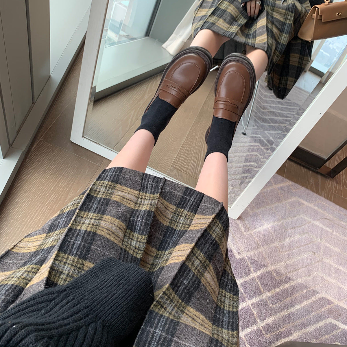 葡萄妈同款 新款厚底小皮鞋春秋季粗跟英伦风一脚蹬乐福鞋女