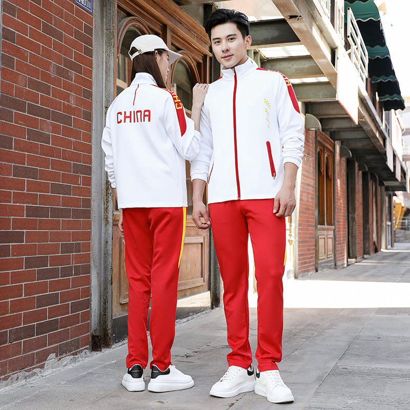 Spring and autumn lovers sports suit male youth stand-up collar sportswear female running group activities school uniform factory direct sales 