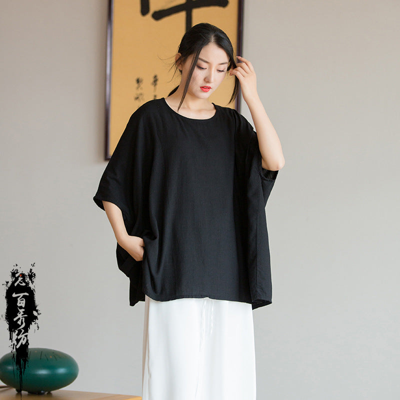2023 spring and summer new products Nianbaixiu spinning design sense linen light and artistic loose bat sleeve women's sunscreen T-shirt 