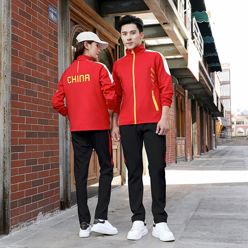 Spring and autumn lovers sports suit male youth stand-up collar sportswear female running group activities school uniform factory direct sales 