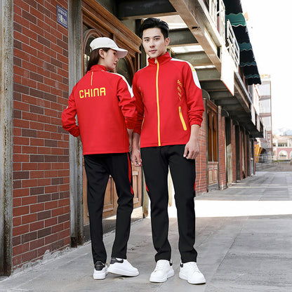 Spring and autumn lovers sports suit male youth stand-up collar sportswear female running group activities school uniform factory direct sales 