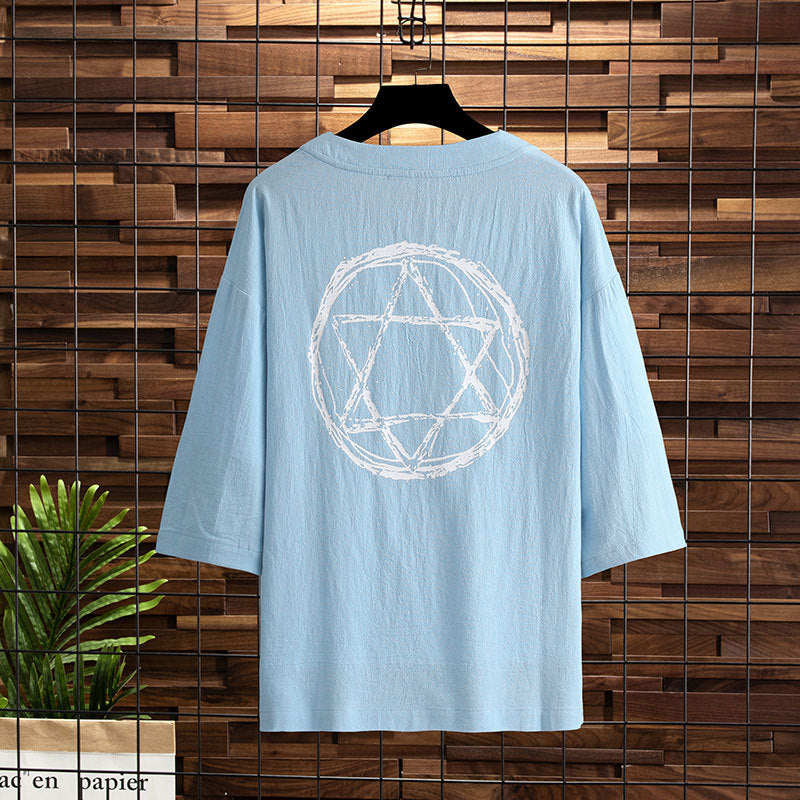 Short-sleeved 2021 new three-quarter-sleeved T-shirt men's trendy brand large size half-sleeved fat loose T-shirt five-quarter sleeve top clothes 