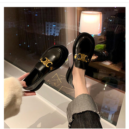 葡萄妈同款 新款厚底小皮鞋春秋季粗跟英伦风一脚蹬乐福鞋女