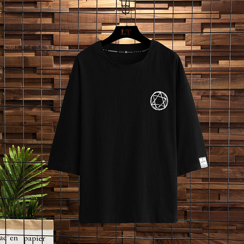 Short-sleeved 2021 new three-quarter-sleeved T-shirt men's trendy brand large size half-sleeved fat loose T-shirt five-quarter sleeve top clothes 