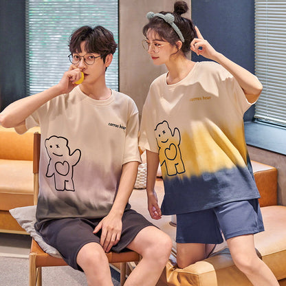 严选新款夏季棉质情侣睡衣女短袖休闲简约短裤学生可爱家居服套装