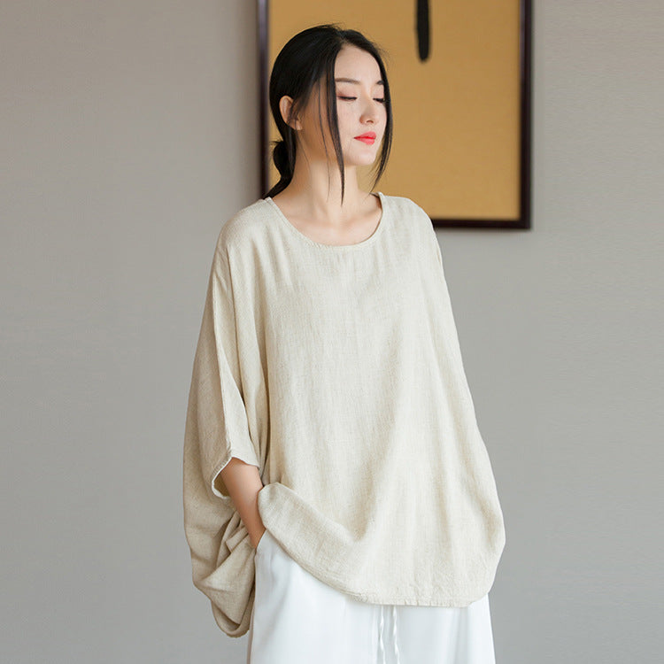 2023 spring and summer new products Nianbaixiu spinning design sense linen light and artistic loose bat sleeve women's sunscreen T-shirt 