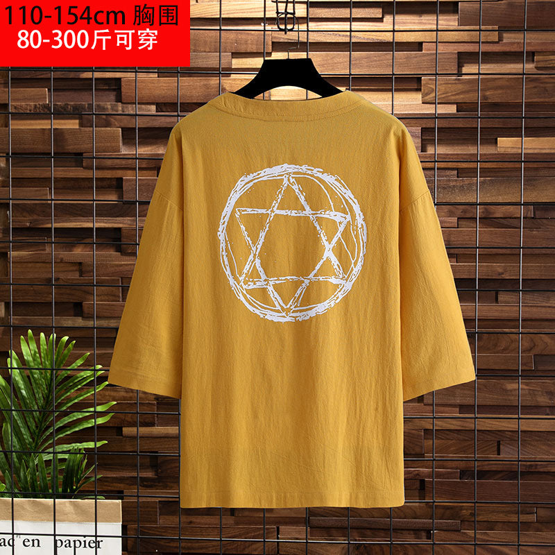 Short-sleeved 2021 new three-quarter-sleeved T-shirt men's trendy brand large size half-sleeved fat loose T-shirt five-quarter sleeve top clothes 
