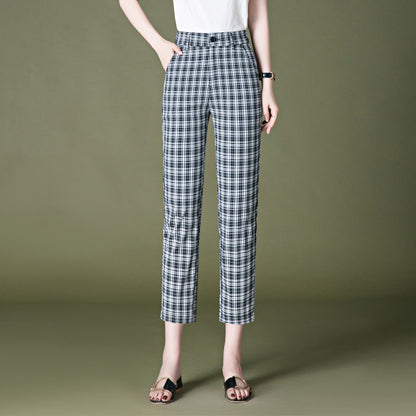 Small eight-point plaid pants women's summer thin section loose and thin elastic waist eight-point pants black and white grid straight pants 