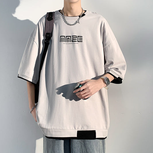 Fake two-piece t-shirt men's short-sleeved loose trendy brand summer 2023 new cotton half-sleeve retro all-match couple t-shirt