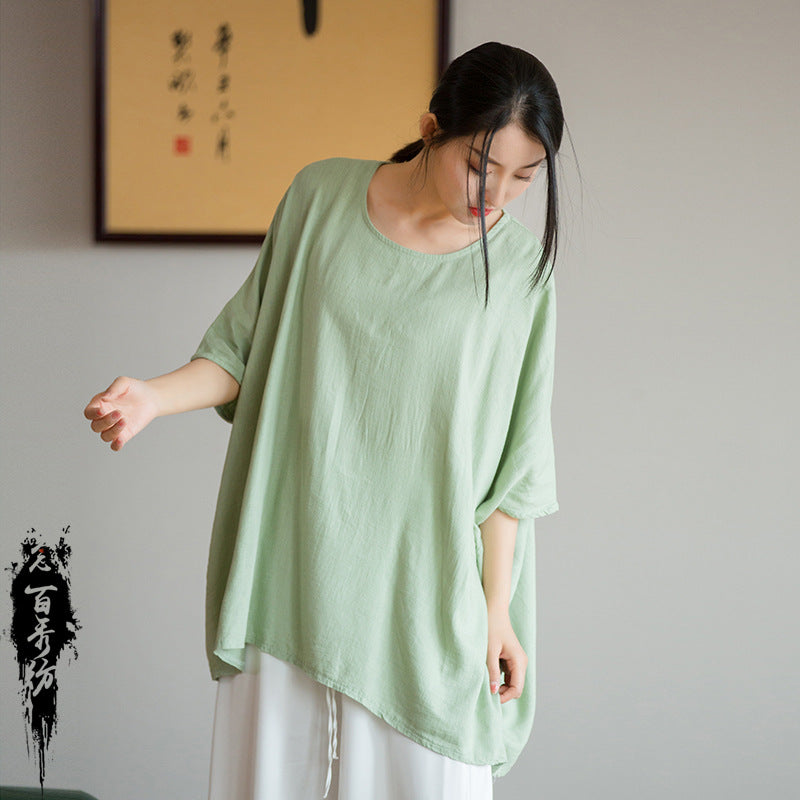 2023 spring and summer new products Nianbaixiu spinning design sense linen light and artistic loose bat sleeve women's sunscreen T-shirt 