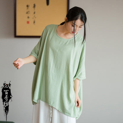 2023 spring and summer new products Nianbaixiu spinning design sense linen light and artistic loose bat sleeve women's sunscreen T-shirt 