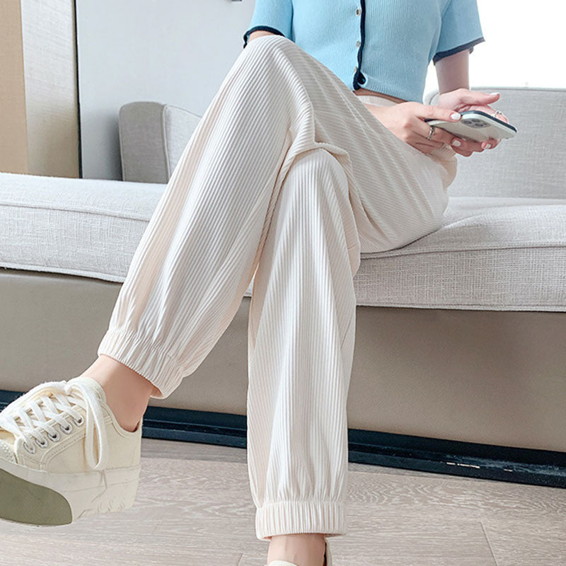 Ice silk sports pants women's summer thin beige small size with bundled feet sunscreen casual anti-mosquito quick-drying lantern pants 