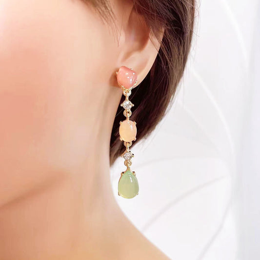 Literary retro fashion simple special-shaped long earrings personality color beaded crystal inlaid stud earrings thin face earrings 