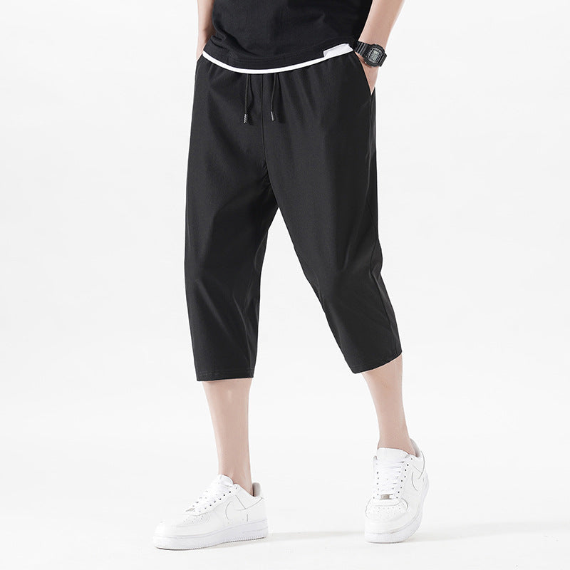 Enbu summer new men's Korean version loose ice silk thin section casual sports solid color cropped pants trendy couple pants 