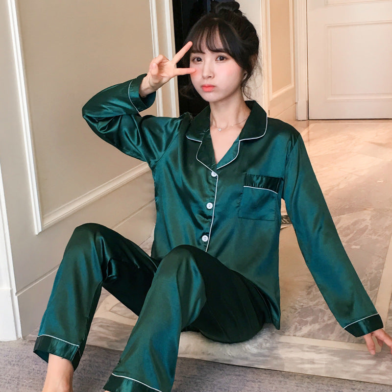 Cross-border spot wholesale spring and autumn thin pajamas women's loose large size home service imitation silk long-sleeved trousers lapel style 