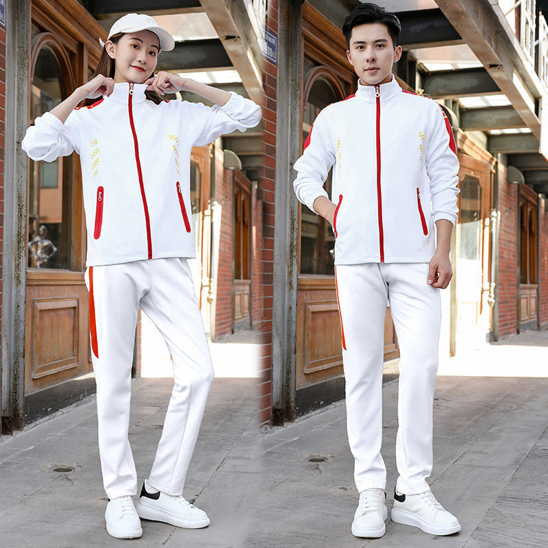 Spring and autumn lovers sports suit male youth stand-up collar sportswear female running group activities school uniform factory direct sales 