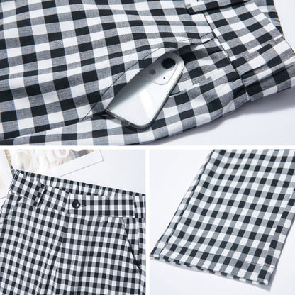 Small eight-point plaid pants women's summer thin section loose and thin elastic waist eight-point pants black and white grid straight pants 