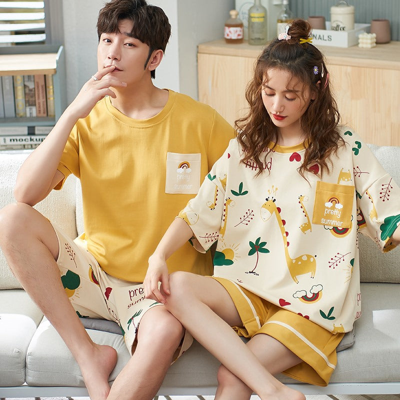 严选新款夏季棉质情侣睡衣女短袖休闲简约短裤学生可爱家居服套装