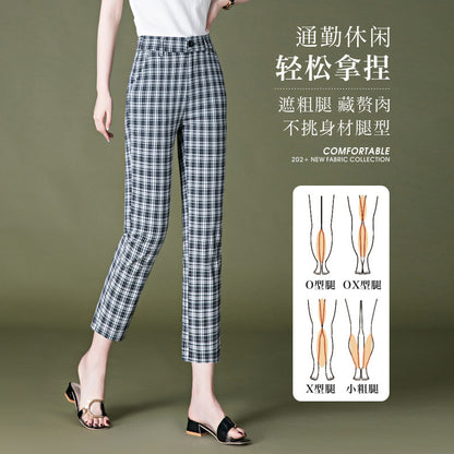 Small eight-point plaid pants women's summer thin section loose and thin elastic waist eight-point pants black and white grid straight pants 