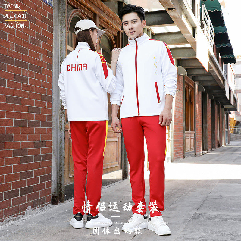 Spring and autumn lovers sports suit male youth stand-up collar sportswear female running group activities school uniform factory direct sales 
