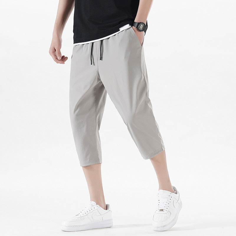 Enbu summer new men's Korean version loose ice silk thin section casual sports solid color cropped pants trendy couple pants 