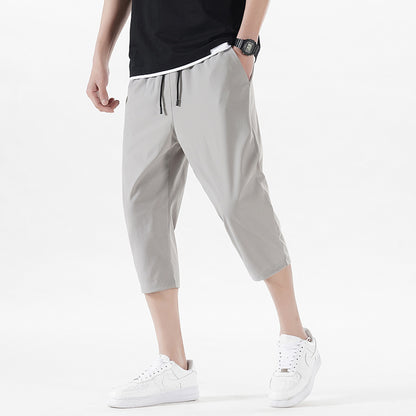 Enbu summer new men's Korean version loose ice silk thin section casual sports solid color cropped pants trendy couple pants 