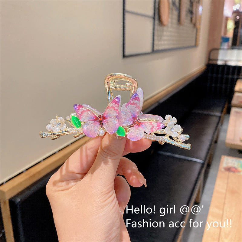 Super fairy flower clip new large metal butterfly clip female summer back head hair clip shark clip headdress hair clip 