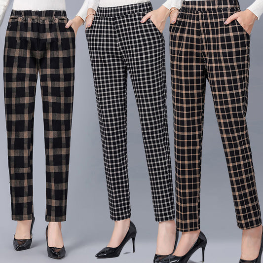 Middle-aged and elderly spring and autumn cotton and linen elastic trousers women's plaid thin casual pants loose elastic waist mother straight-leg pants 