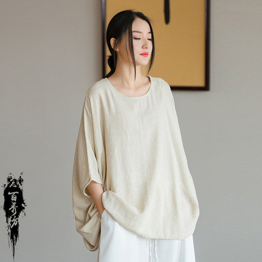 2023 spring and summer new products Nianbaixiu spinning design sense linen light and artistic loose bat sleeve women's sunscreen T-shirt 