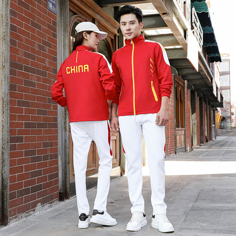 Spring and autumn lovers sports suit male youth stand-up collar sportswear female running group activities school uniform factory direct sales 