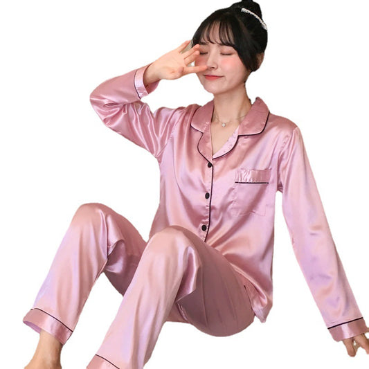 Cross-border spot wholesale spring and autumn thin pajamas women's loose large size home service imitation silk long-sleeved trousers lapel style 