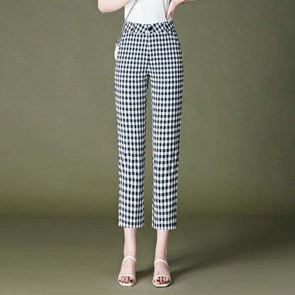 Small eight-point plaid pants women's summer thin section loose and thin elastic waist eight-point pants black and white grid straight pants 
