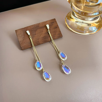 Silver Needle Retro Handmade Mermaid Tears Symphony Water Drop Earrings Tassel Super Fairy Temperament Fairy Style Beautiful Stud Earrings 