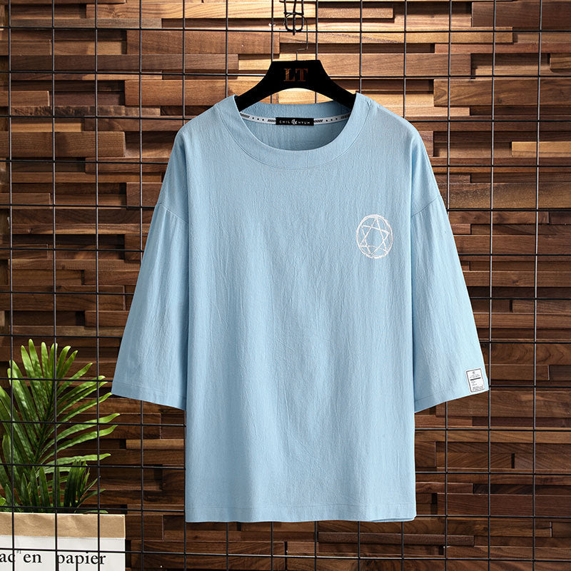 Short-sleeved 2021 new three-quarter-sleeved T-shirt men's trendy brand large size half-sleeved fat loose T-shirt five-quarter sleeve top clothes 