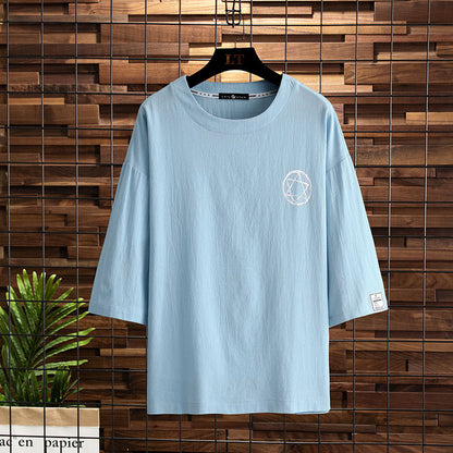 Short-sleeved 2021 new three-quarter-sleeved T-shirt men's trendy brand large size half-sleeved fat loose T-shirt five-quarter sleeve top clothes 