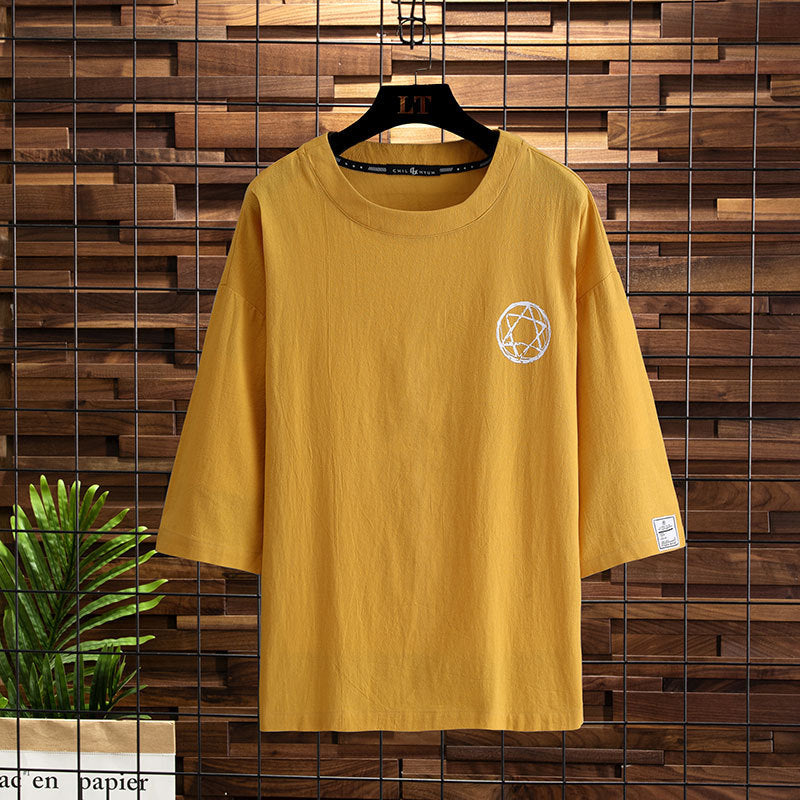 Short-sleeved 2021 new three-quarter-sleeved T-shirt men's trendy brand large size half-sleeved fat loose T-shirt five-quarter sleeve top clothes 