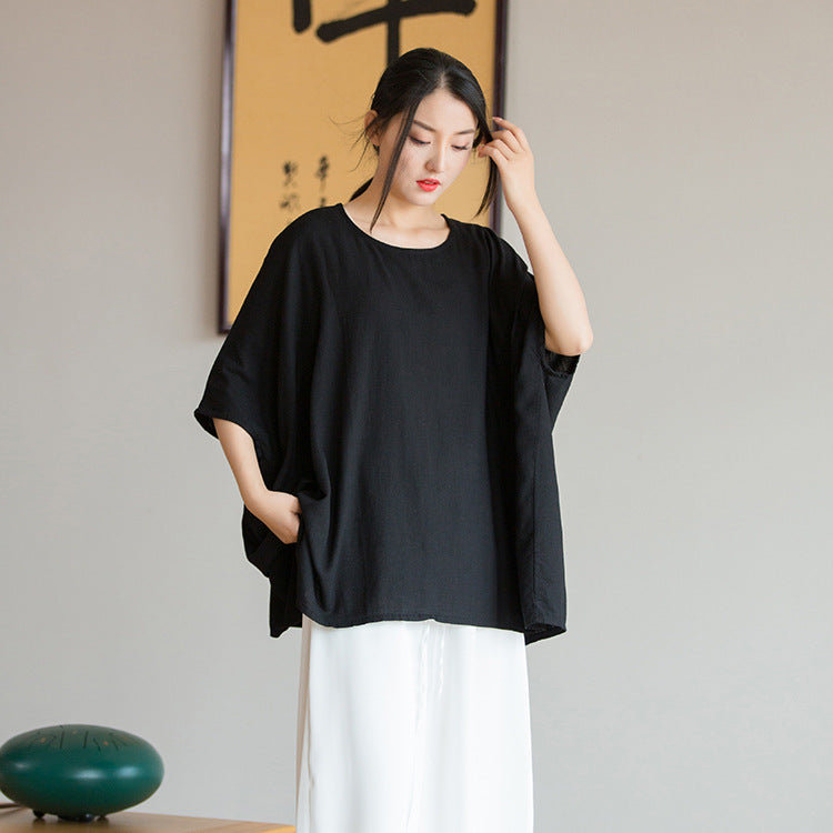 2023 spring and summer new products Nianbaixiu spinning design sense linen light and artistic loose bat sleeve women's sunscreen T-shirt 