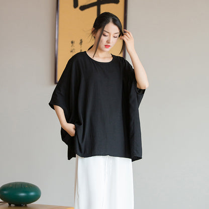 2023 spring and summer new products Nianbaixiu spinning design sense linen light and artistic loose bat sleeve women's sunscreen T-shirt 